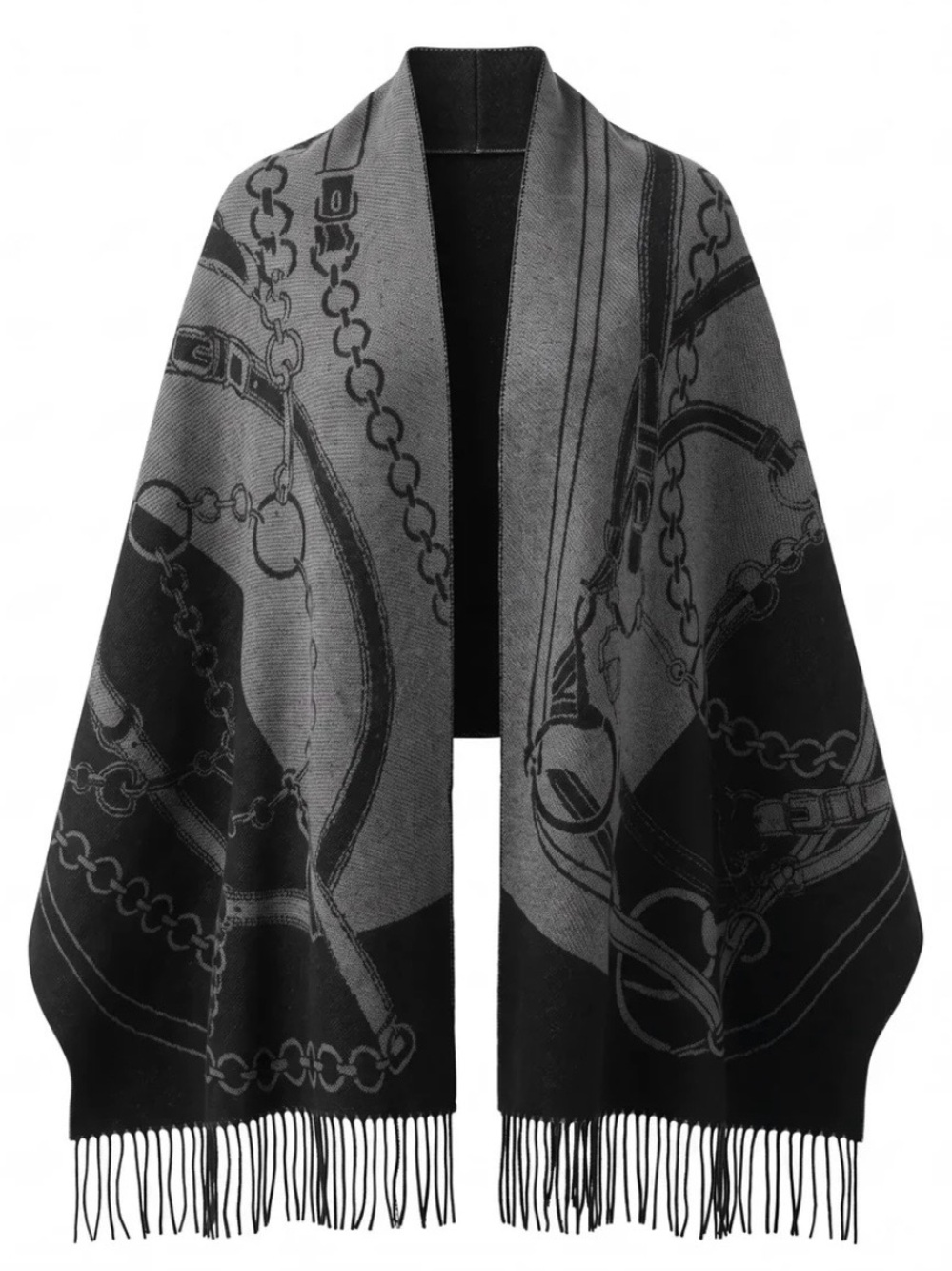 Ralph Lauren Unisex Black Gray Equestrian Belting-Motif Jacquard Wrap Scarf NEW